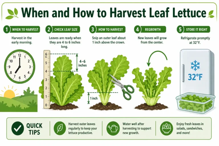 Infographic of when and how to harvest leaf lettuce, including leaf size, morning timing, cutting above the crown, and cold storage at 32°F.
