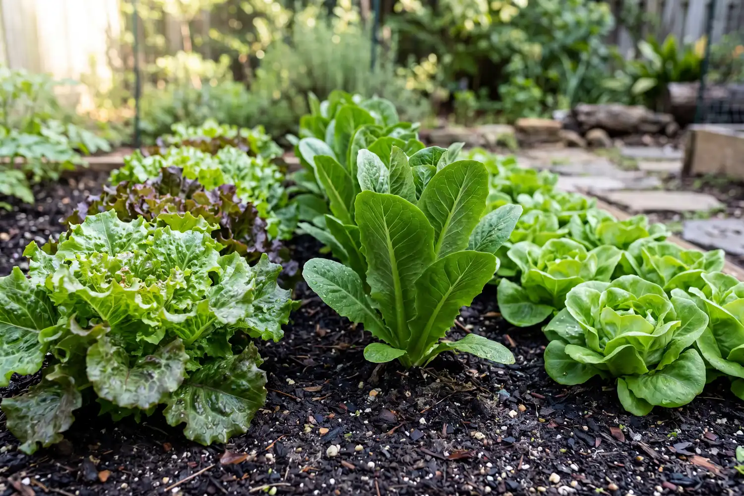 Leaf, romaine, and bibb lettuce varieties growing together in a Georgia raised bed during cool weather.