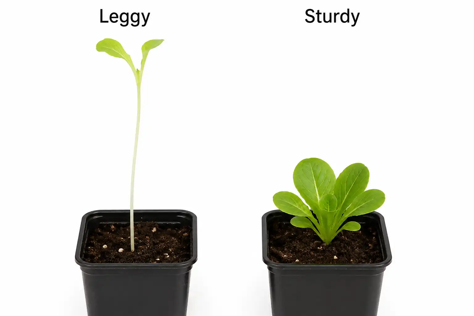 Comparison of a tall leggy lettuce seedling and a short sturdy one, showing why seedlings grow tall in weak light.