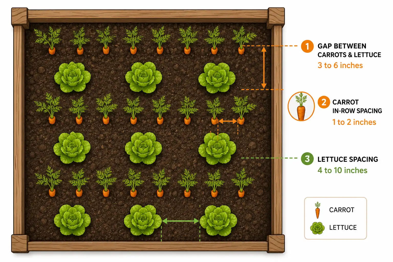 Diagram of 3 to 6 inch spacing between carrot rows and lettuce in a raised bed with measurement labels