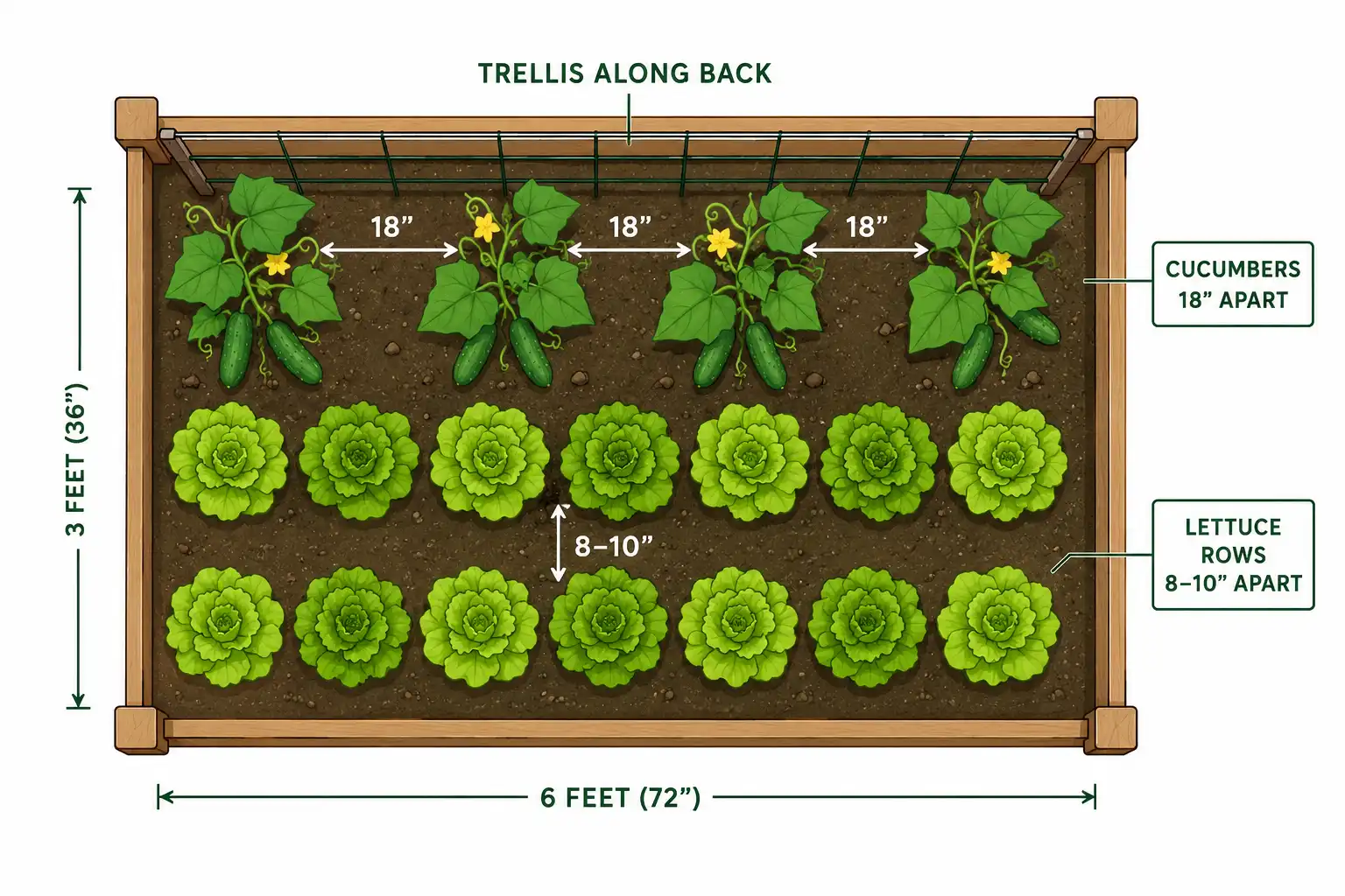 Top-down diagram of cucumbers spaced 18 inches on a trellis with lettuce 8 to 10 inches apart in front
