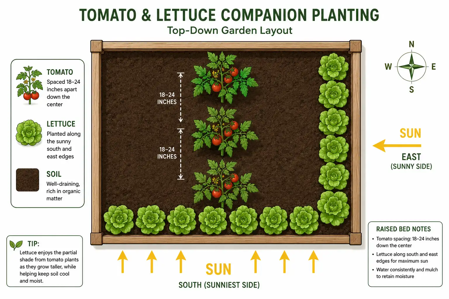 Diagram of how to plant lettuce and tomatoes together with tomatoes centered and lettuce on the sunny edges
