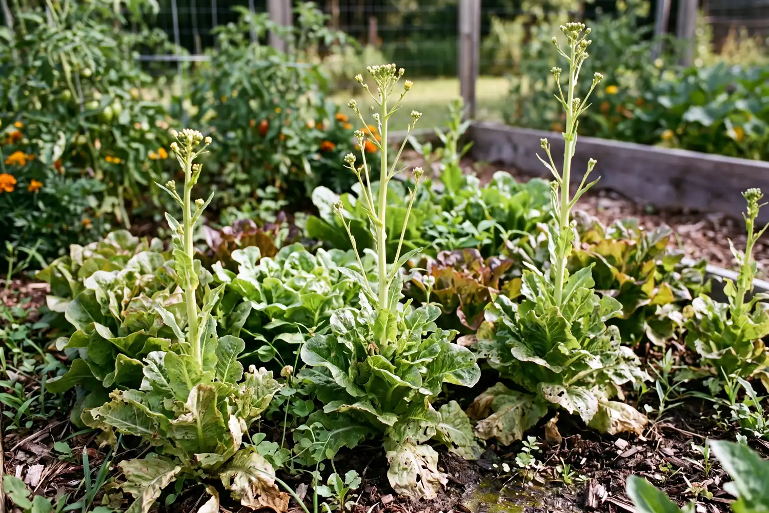 Lettuce plants bolting in summer heat, sending up tall flower stalks before producing seed
