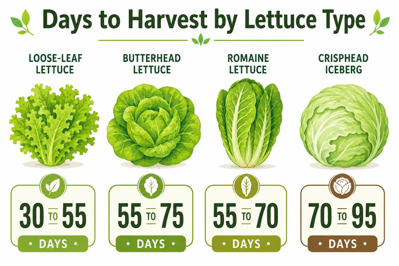 Infographic guide of how long lettuce takes to grow by type, from 30 days for leaf lettuce to 95 days for iceberg