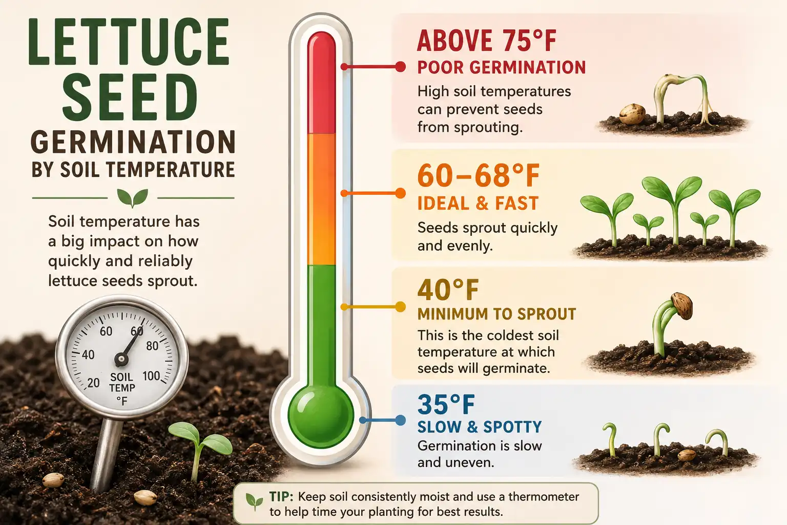 Chart on lettuce germinates best between 60 and 68 degrees Fahrenheit and stalls in warm soil above 75 degrees