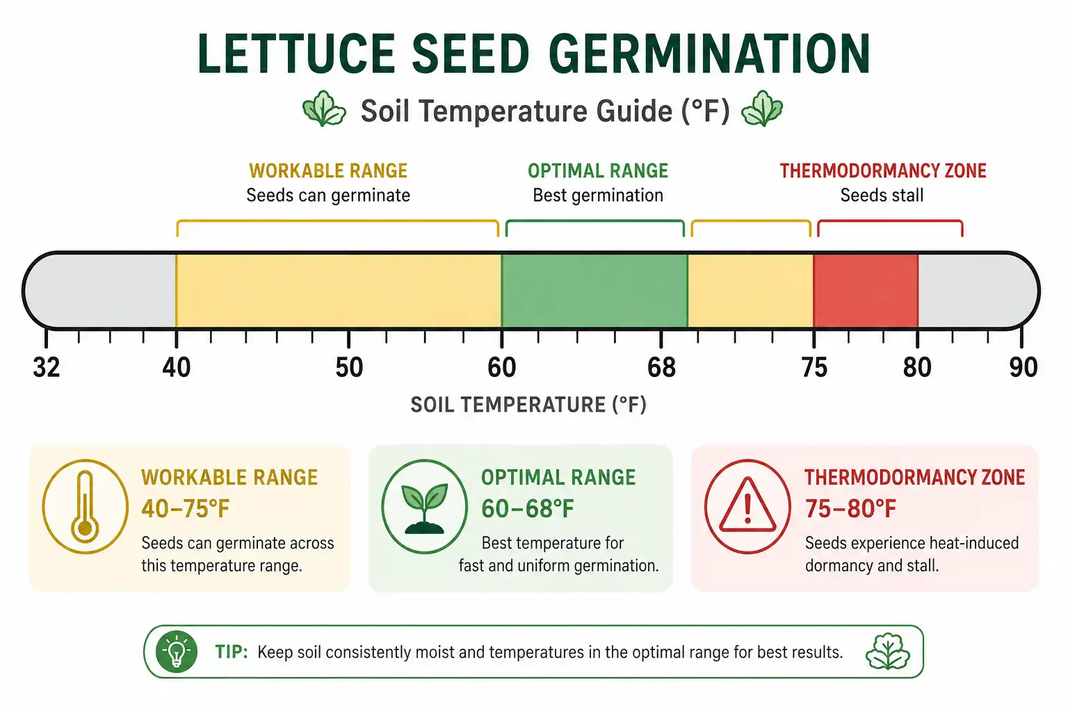 Chart of lettuce seed germination soil temperature of optimal 60 to 68°F and thermodormancy above 75°F
