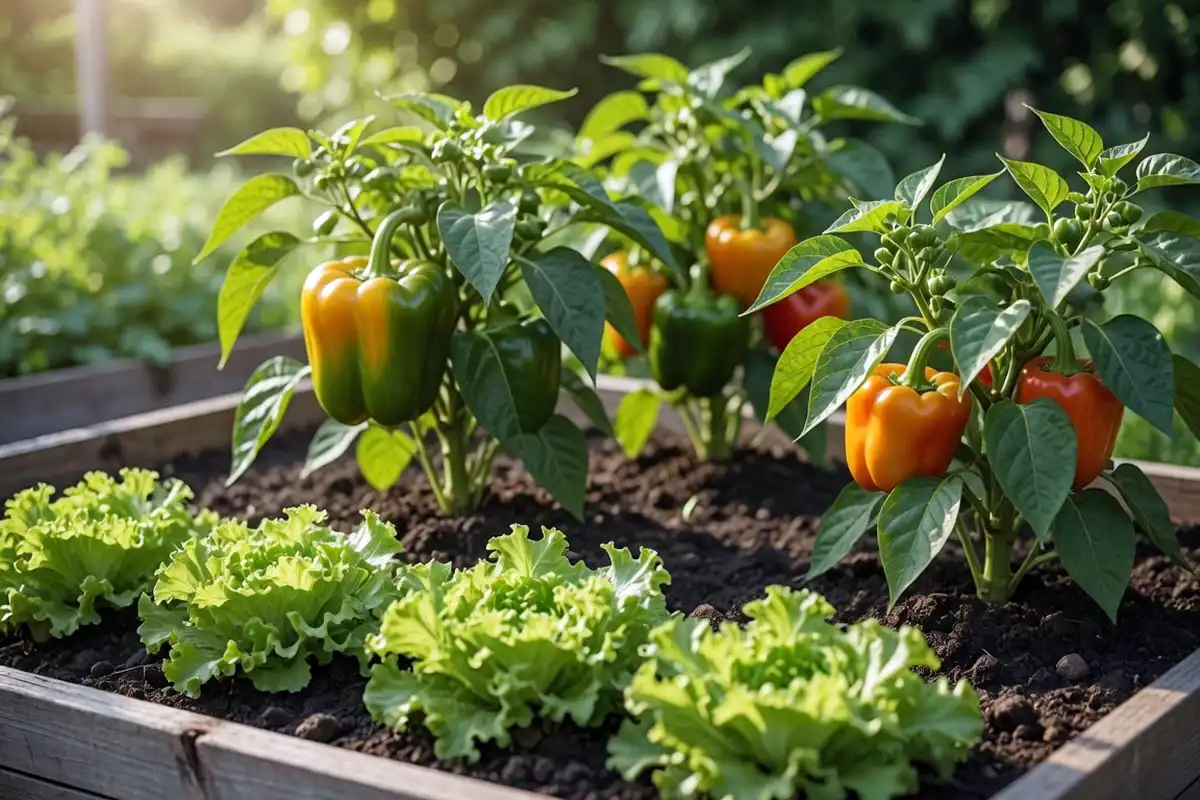 Leaf lettuce growing as living mulch beneath bell pepper plants in a raised garden bed