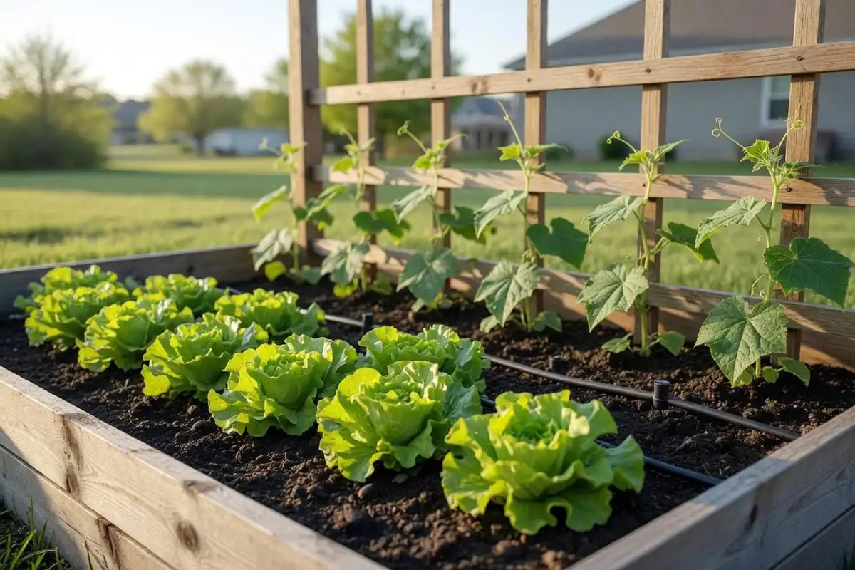 Leaf lettuce growing in front of cucumber vines on a trellis in a Kansas raised bed