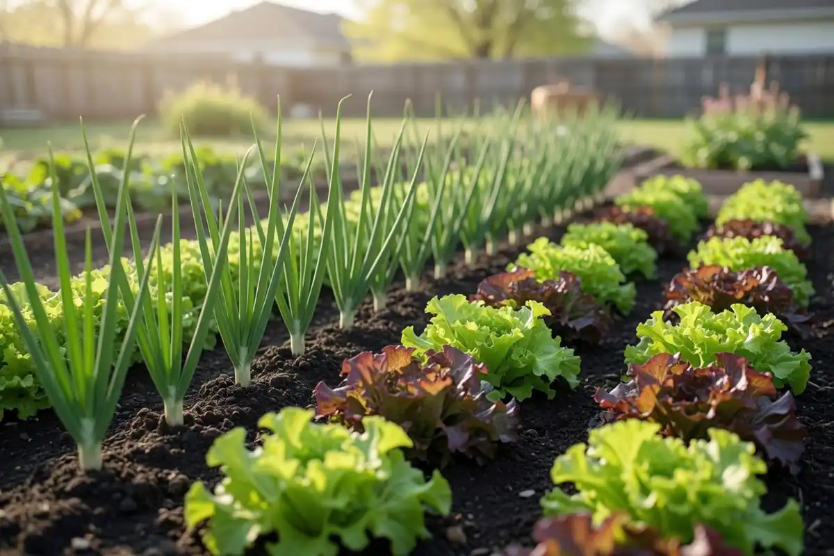 Lettuce and onions planted together with leaf lettuce filling the strips between green onion rows