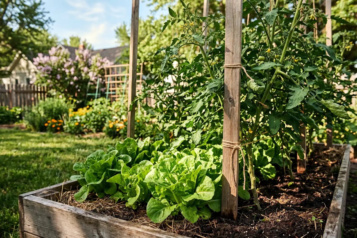 Leaf lettuce growing in partial shade beneath staked tomato plants in a raised garden bed