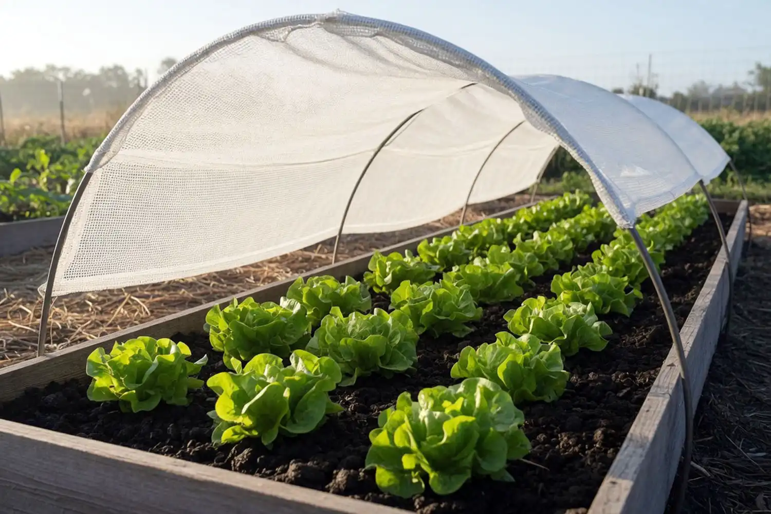 Healthy lettuce rows shaded by white shade cloth on a hoop frame to block intense afternoon summer sun