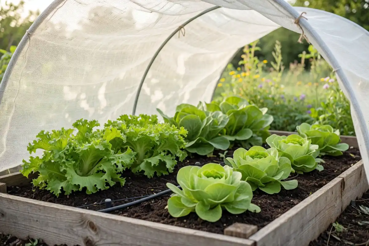 Lettuce growing under white shade cloth to prevent bolting during summer heat