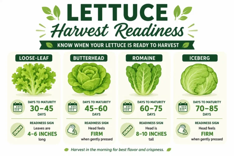 Infographic guide of when lettuce is ready to harvest by type, with days to maturity and readiness signs for leaf, butterhead, romaine, and iceberg.