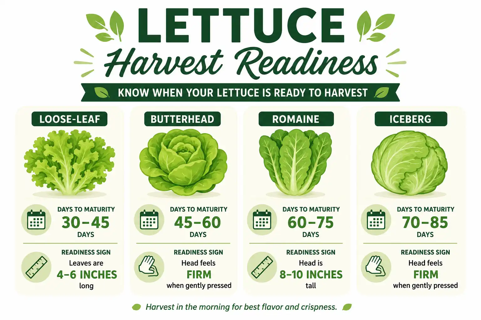 Infographic guide of when lettuce is ready to harvest by type, with days to maturity and readiness signs for leaf, butterhead, romaine, and iceberg.