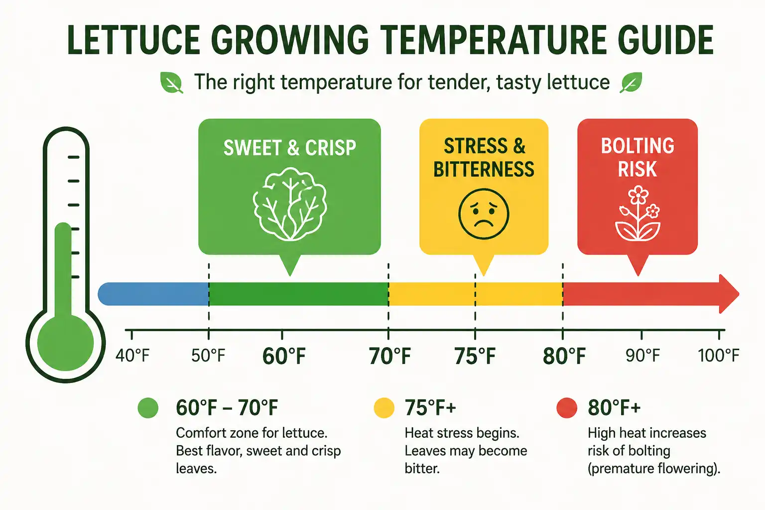 Temperature chart on lettuce stays sweet from 60 to 70°F and turns bitter above 75°F.
