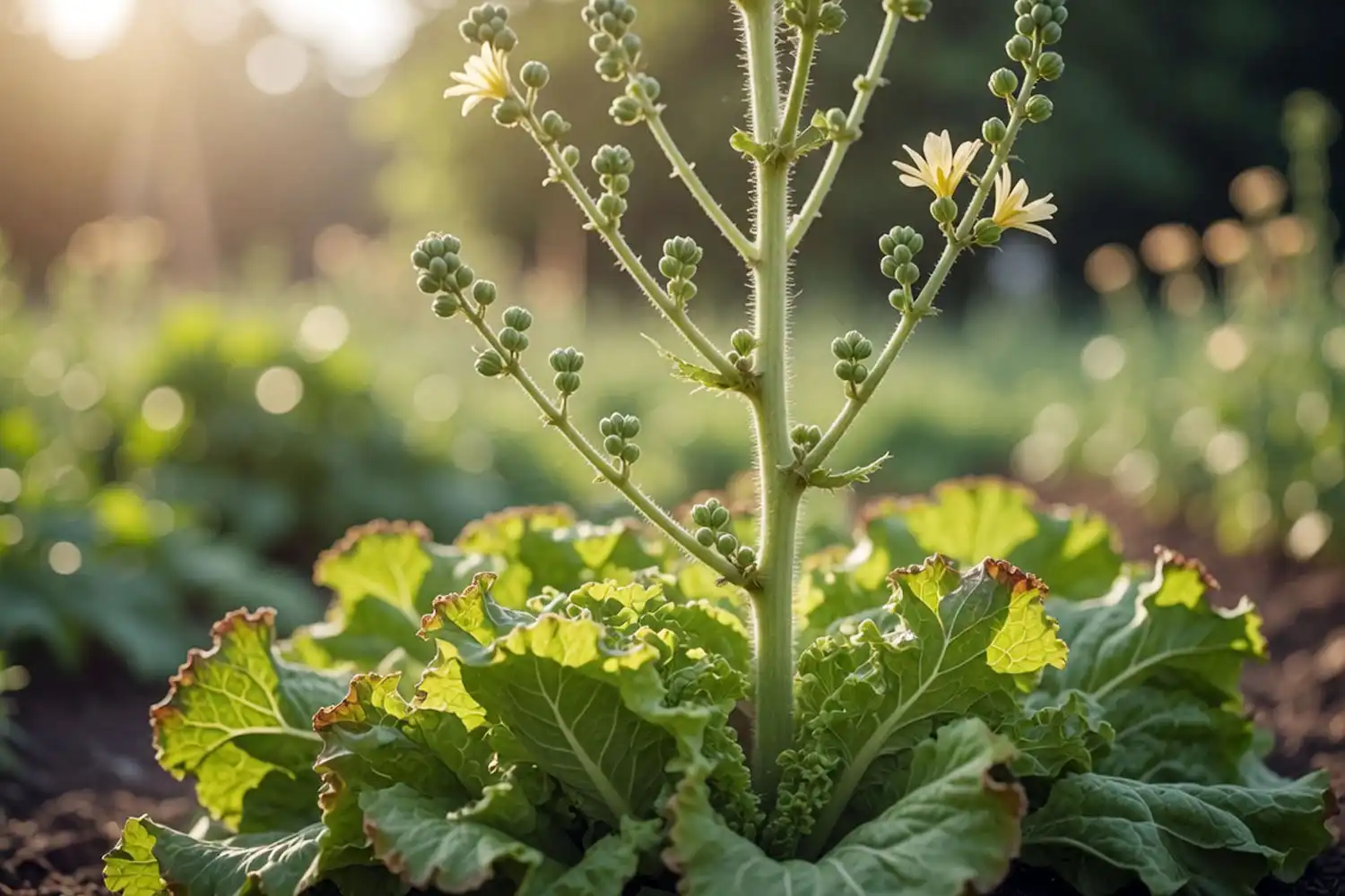 Bolted lettuce plant with a tall branched flower stalk ready to produce seed