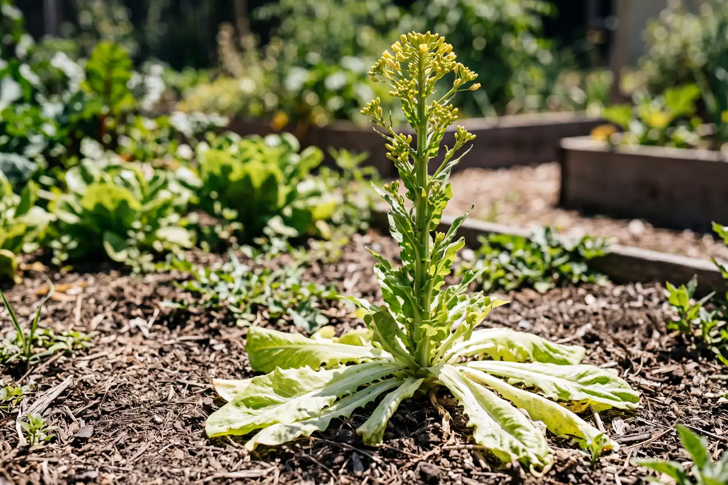 A bolting lettuce plant sending up a tall flower stalk in summer heat, showing why the leaves turn bitter.
