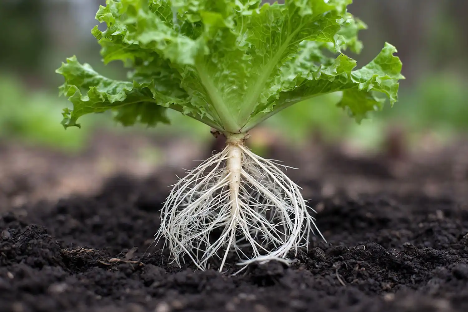 Pulled lettuce plant of a short central taproot and a dense mat of shallow fibrous feeder roots near the crown.