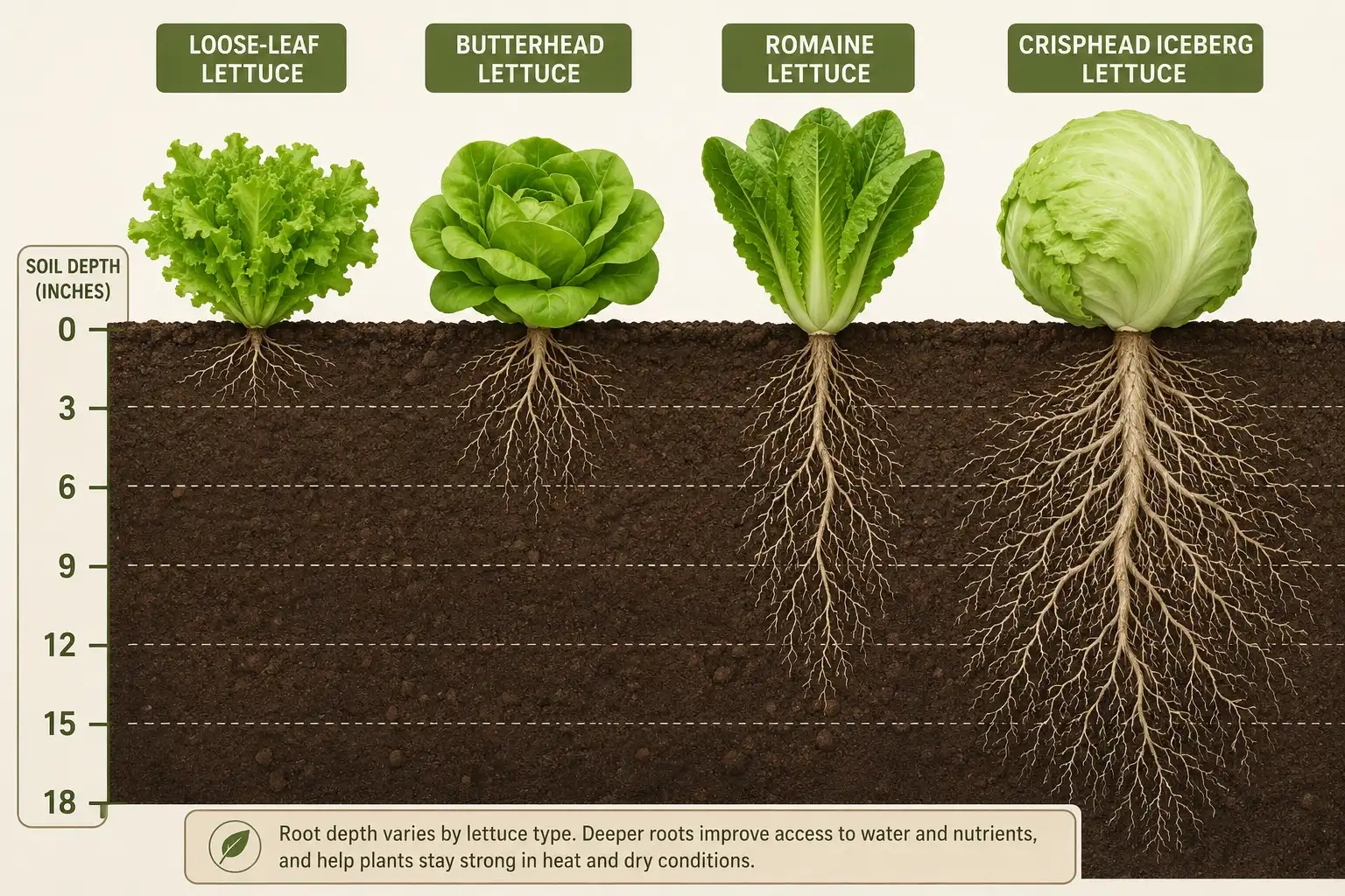Infographic comparing root depth of loose-leaf, butterhead, romaine, and crisphead lettuce on a soil depth scale in inches.