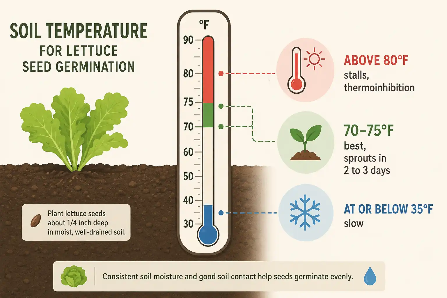 Chart of lettuce germination soil temperatures, with an optimal range of 70 to 75°F and failure above 80°F due to thermoinhibition.