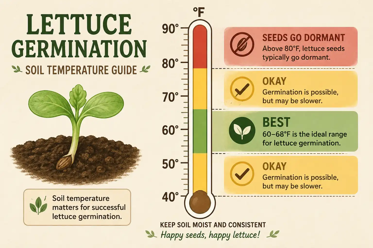 Chart of lettuce germinates best at 60 to 68°F soil temperature and stalls above 80°F.