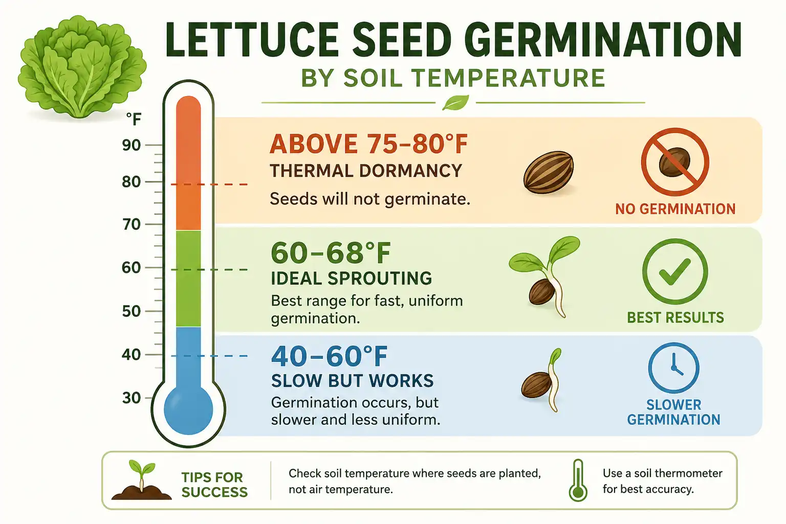 Chart showing lettuce seeds germinate best at 60 to 68°F and go dormant above 75 to 80°F in July heat