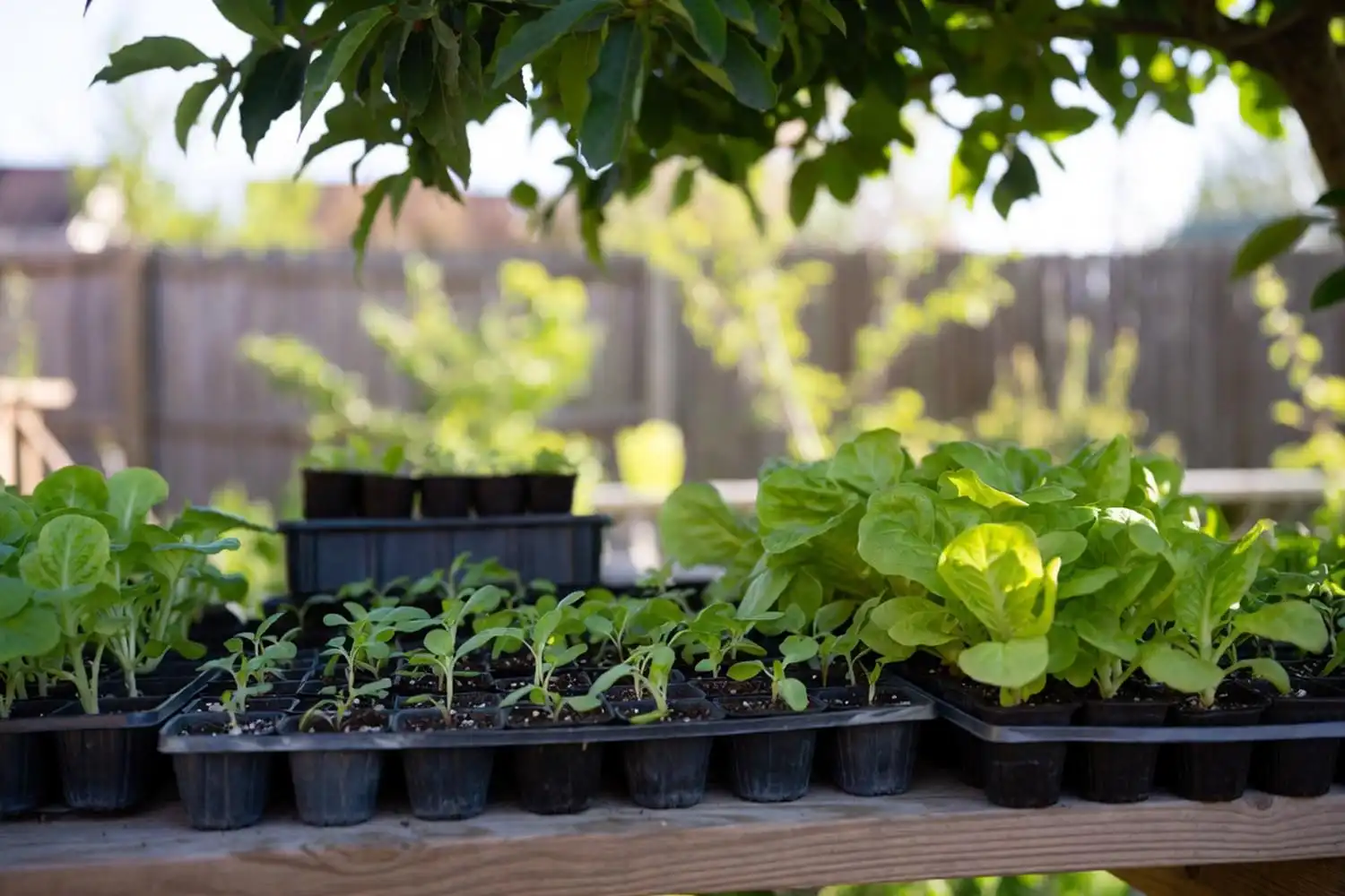 Trays of lettuce seedlings hardening off outdoors in dappled shade before transplanting