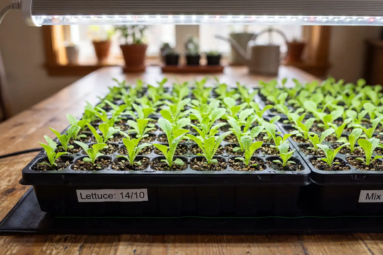 Lettuce seedlings started indoors under an LED grow light on a heat mat in cell trays