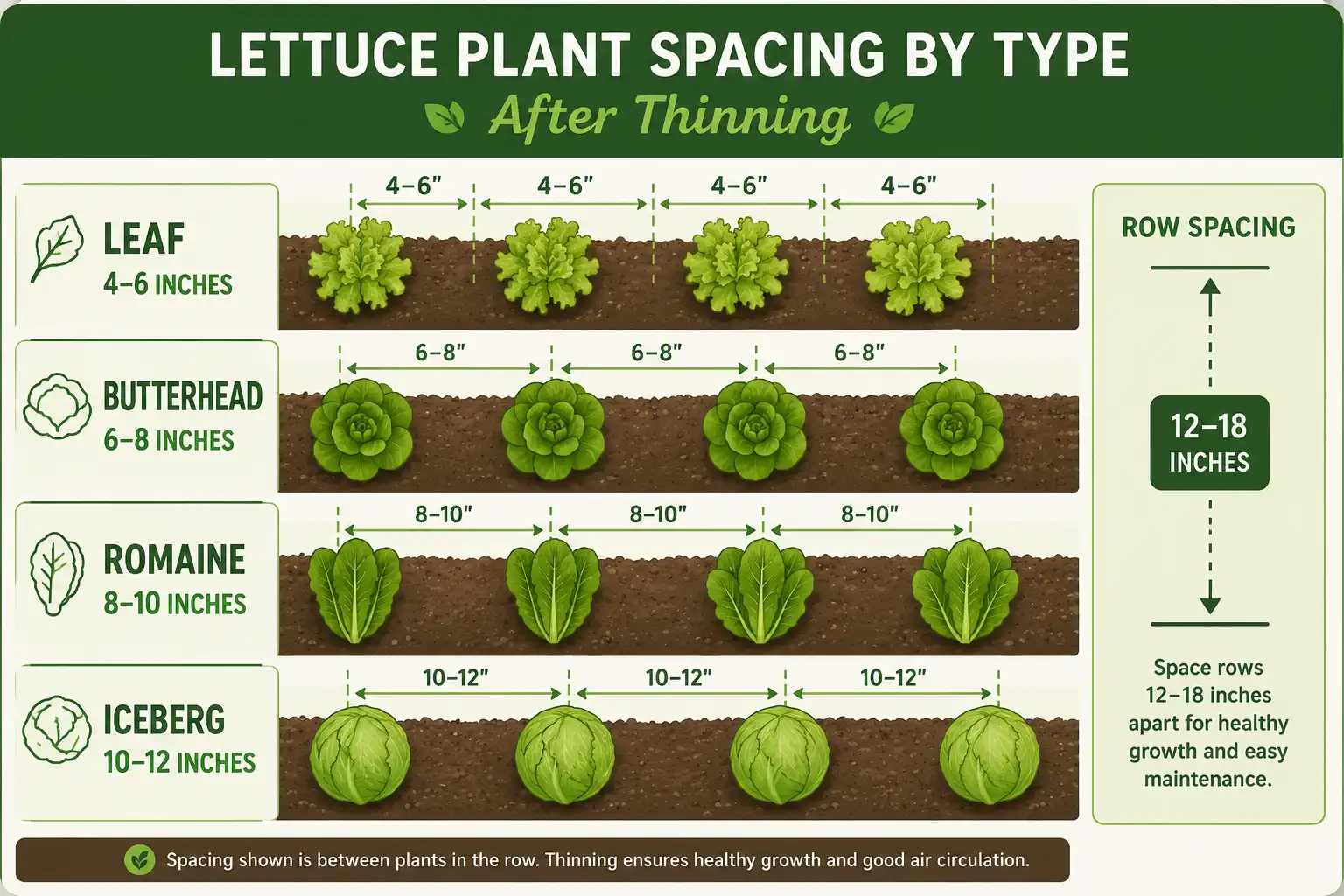 Chart of final lettuce spacing by type: leaf, butterhead, romaine, and iceberg from 4 to 12 inches apart