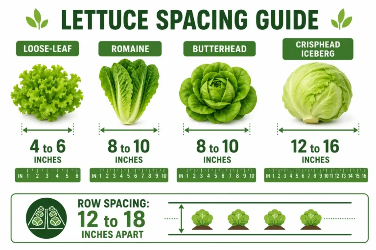 Infographic guide of how far apart to plant lettuce by type, from 4 inches for loose-leaf to 16 inches for iceberg