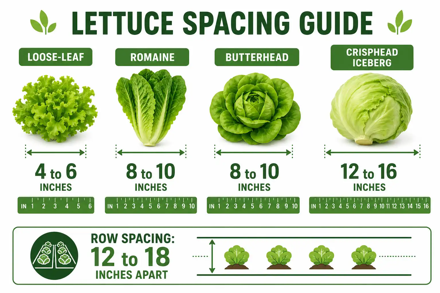 Infographic guide of how far apart to plant lettuce by type, from 4 inches for loose-leaf to 16 inches for iceberg