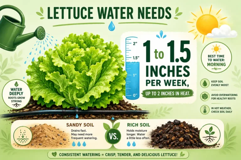 Infographic guide of how much water lettuce needs per week, about 1 to 1.5 inches and up to 2 inches in heat, with drip and soil tips