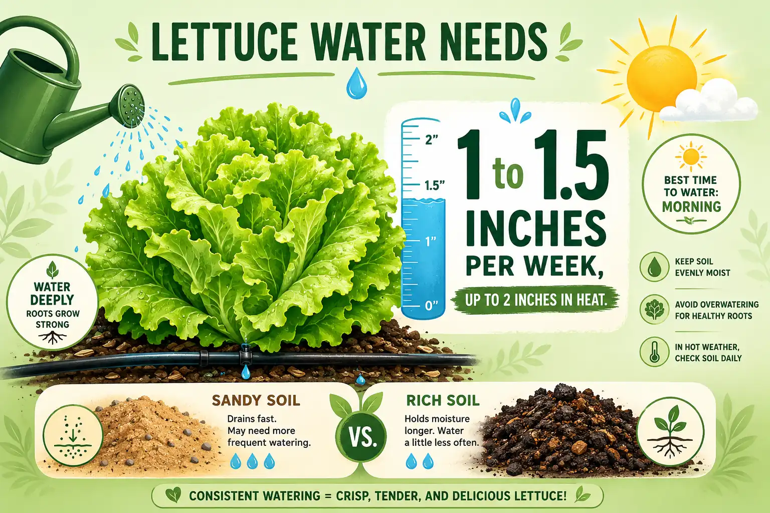 Infographic guide of how much water lettuce needs per week, about 1 to 1.5 inches and up to 2 inches in heat, with drip and soil tips