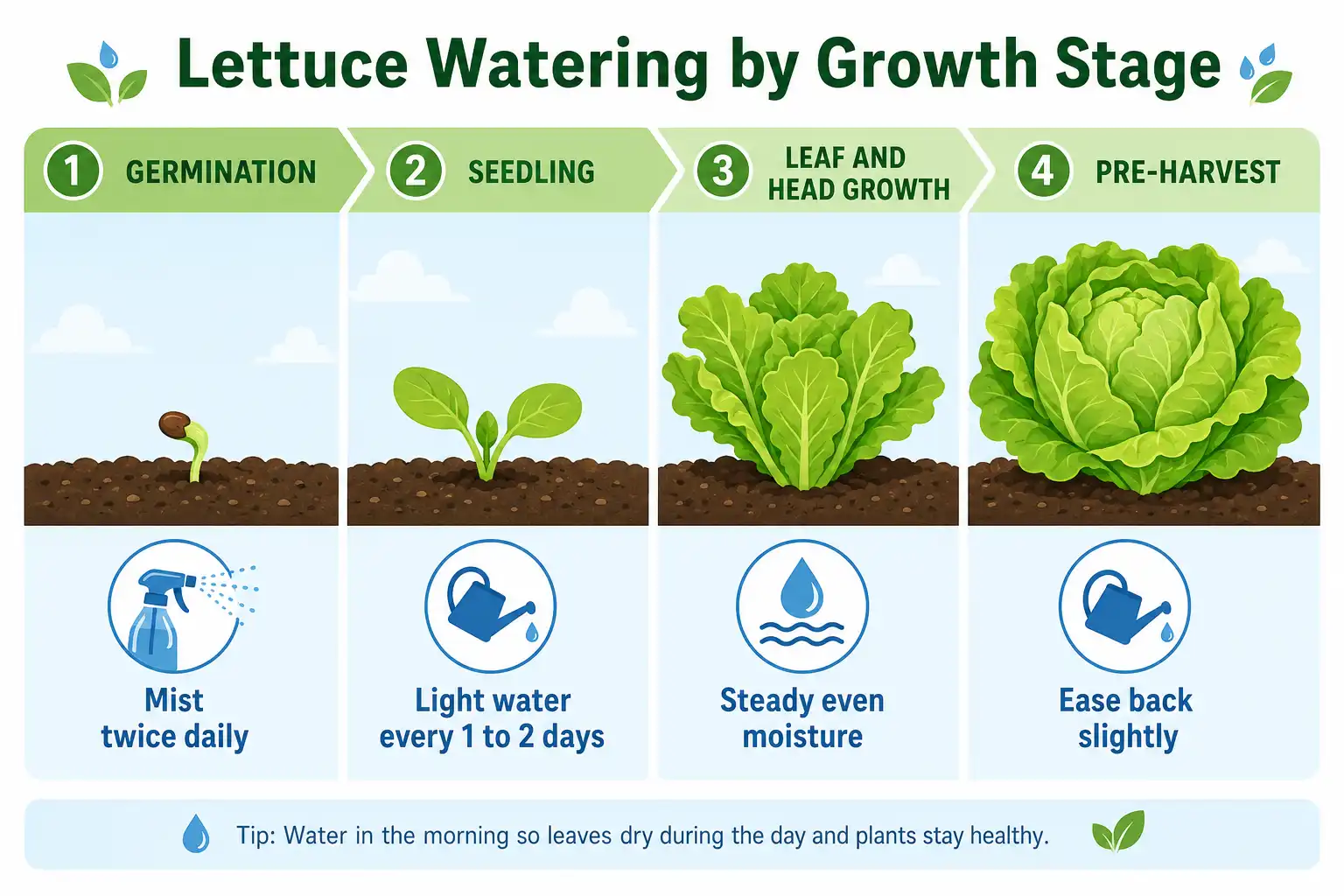 Chart of lettuce watering needs by growth stage, from misting seeds at germination to steady moisture during head growth and easing back before harvest