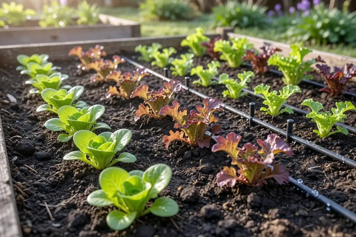 Growing artisan style lettuce at home with Little Gem and oakleaf seedlings in a raised bed