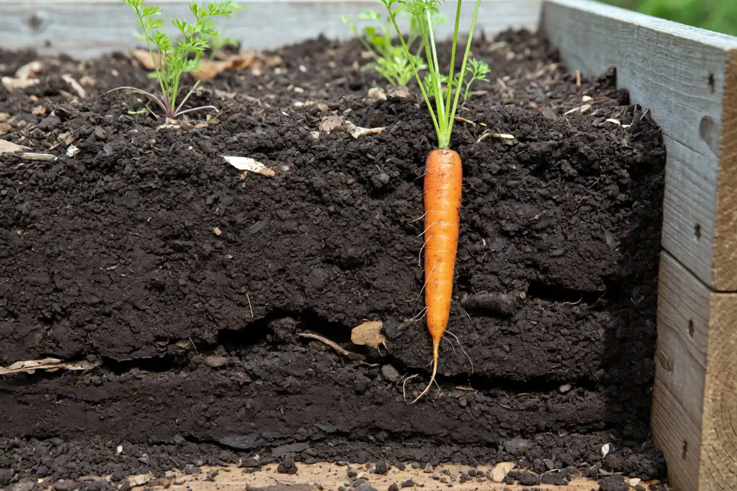 Cross-section of a deep loose soil bed showing the kind of stone-free ground that grows straight carrots