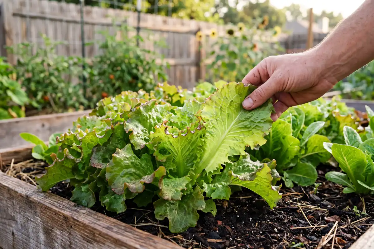 Loose-leaf lettuce with outer leaves about five inches tall, ready to harvest in a raised garden bed.