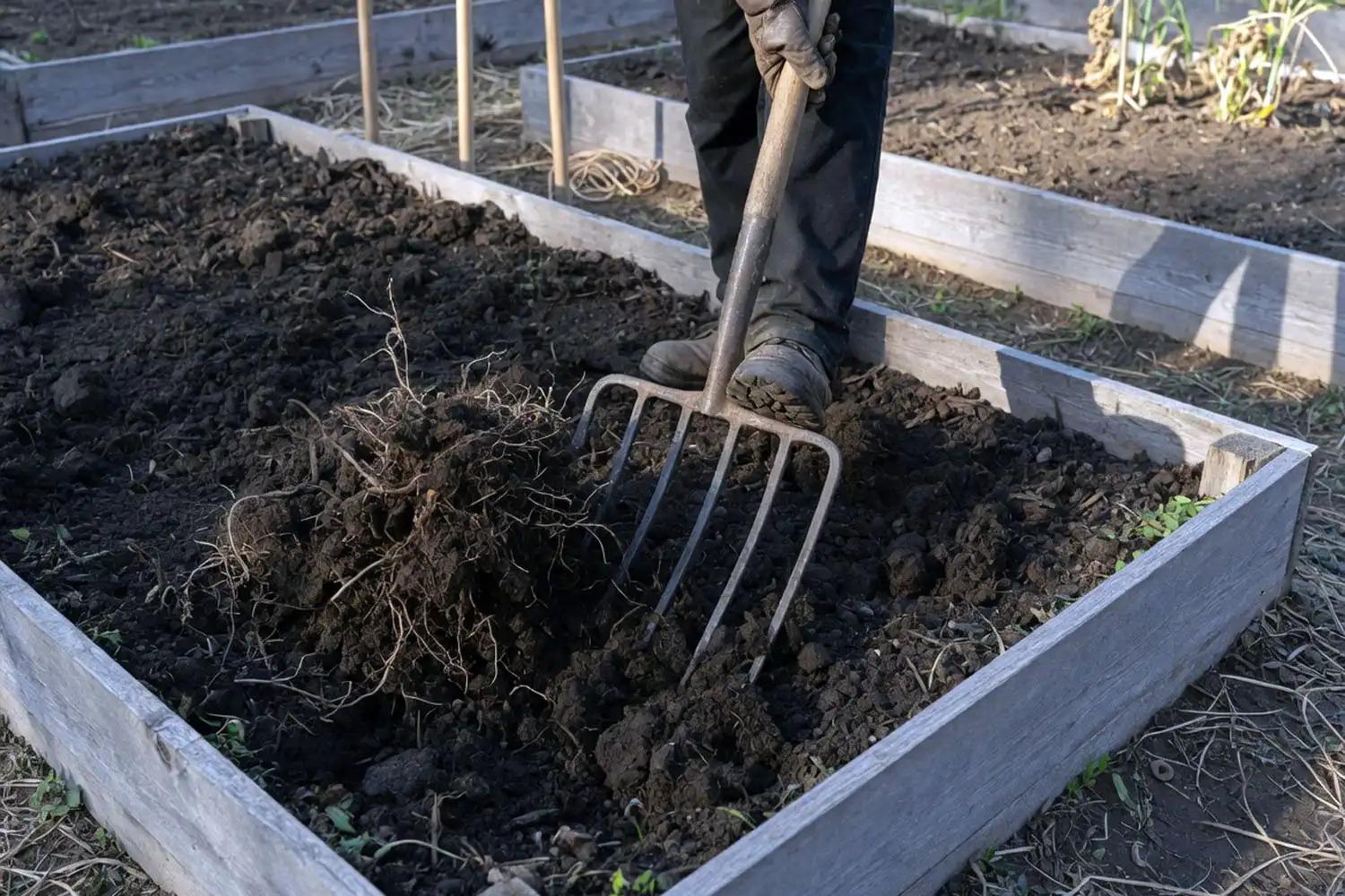 A gardener using a broadfork to loosen soil to the depth carrots need before planting.