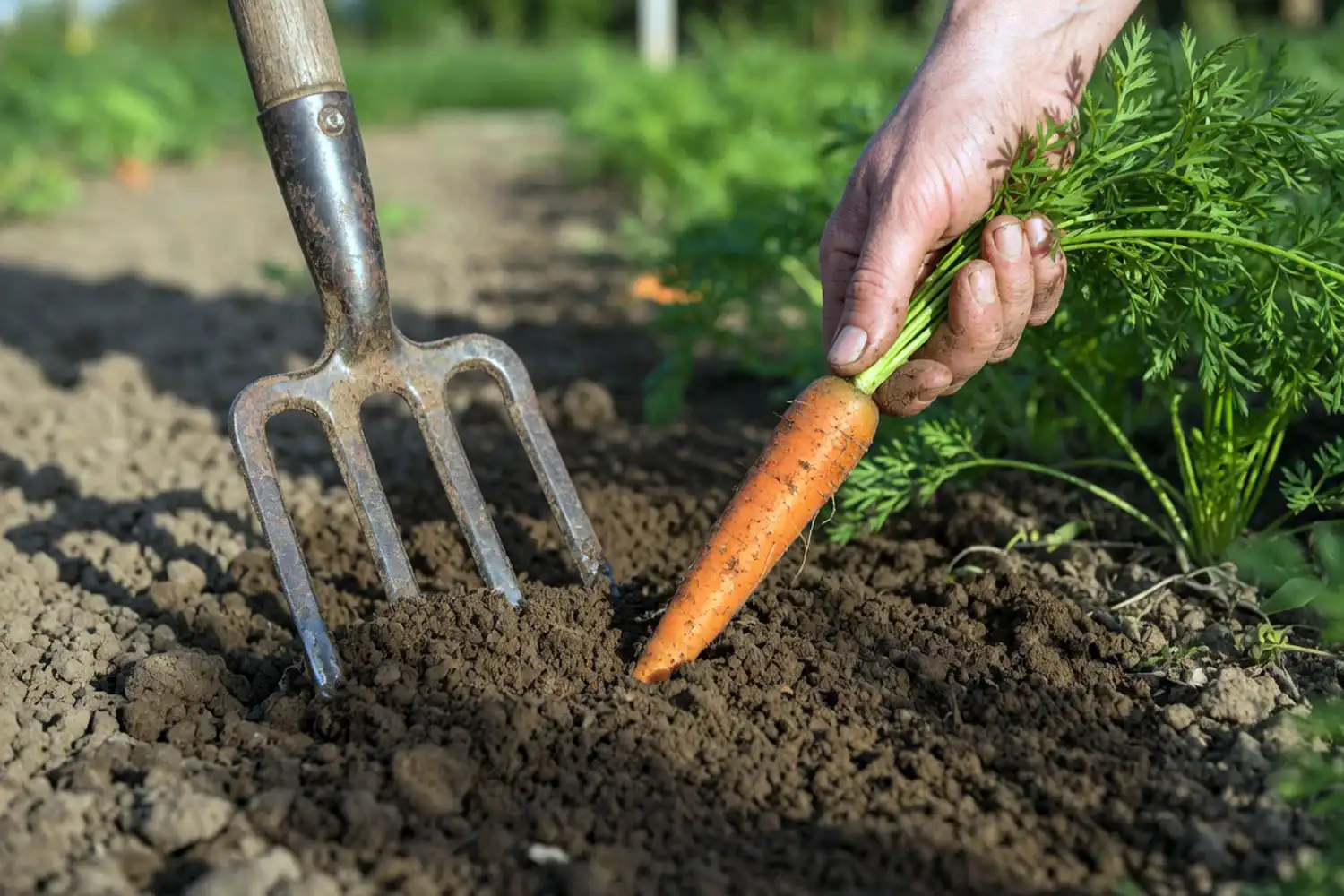 Using a garden fork to loosen soil and pull a carrot without breaking the root