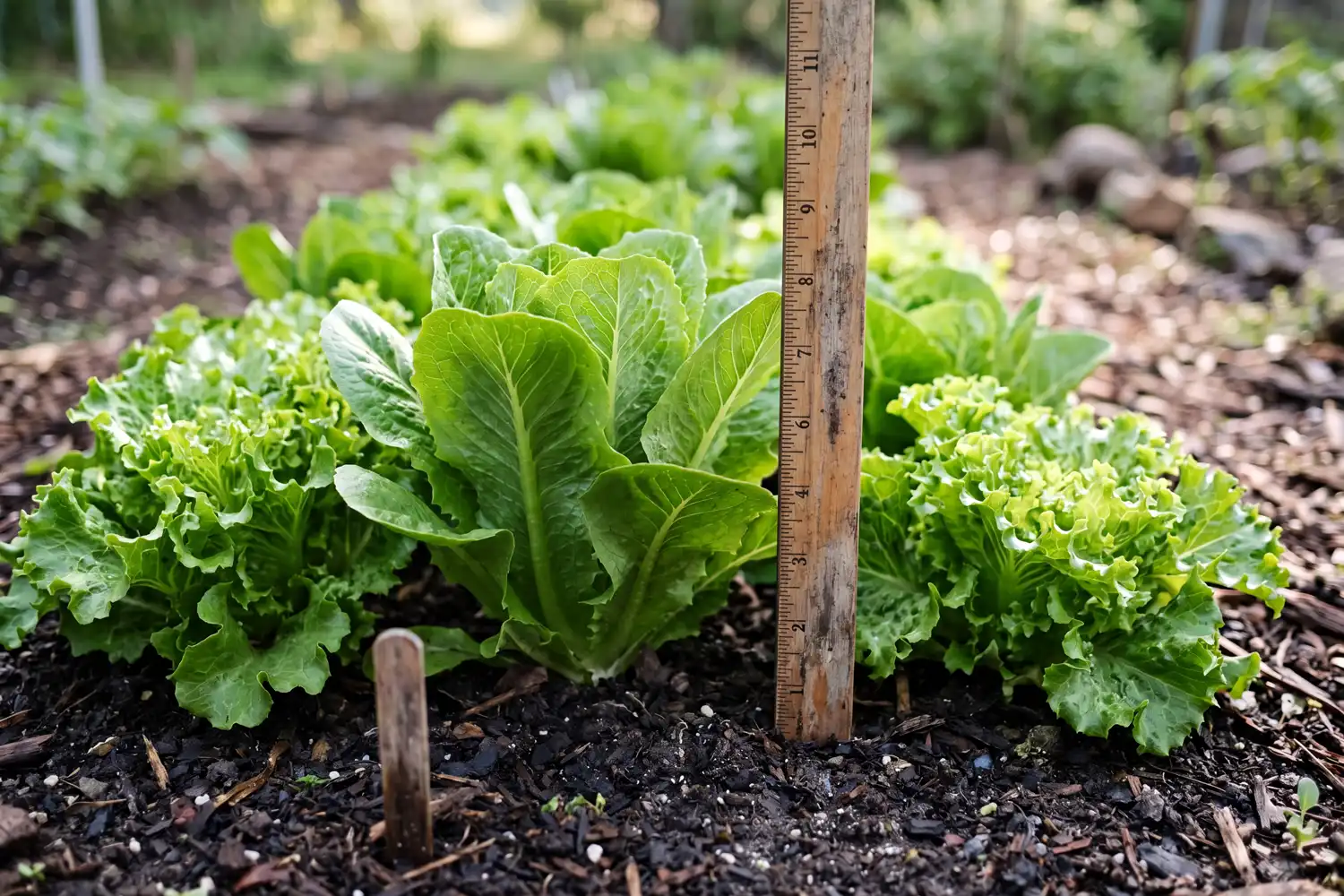 Romaine and leaf lettuce about 10 inches tall measured against a ruler, showing how tall lettuce grows at harvest.