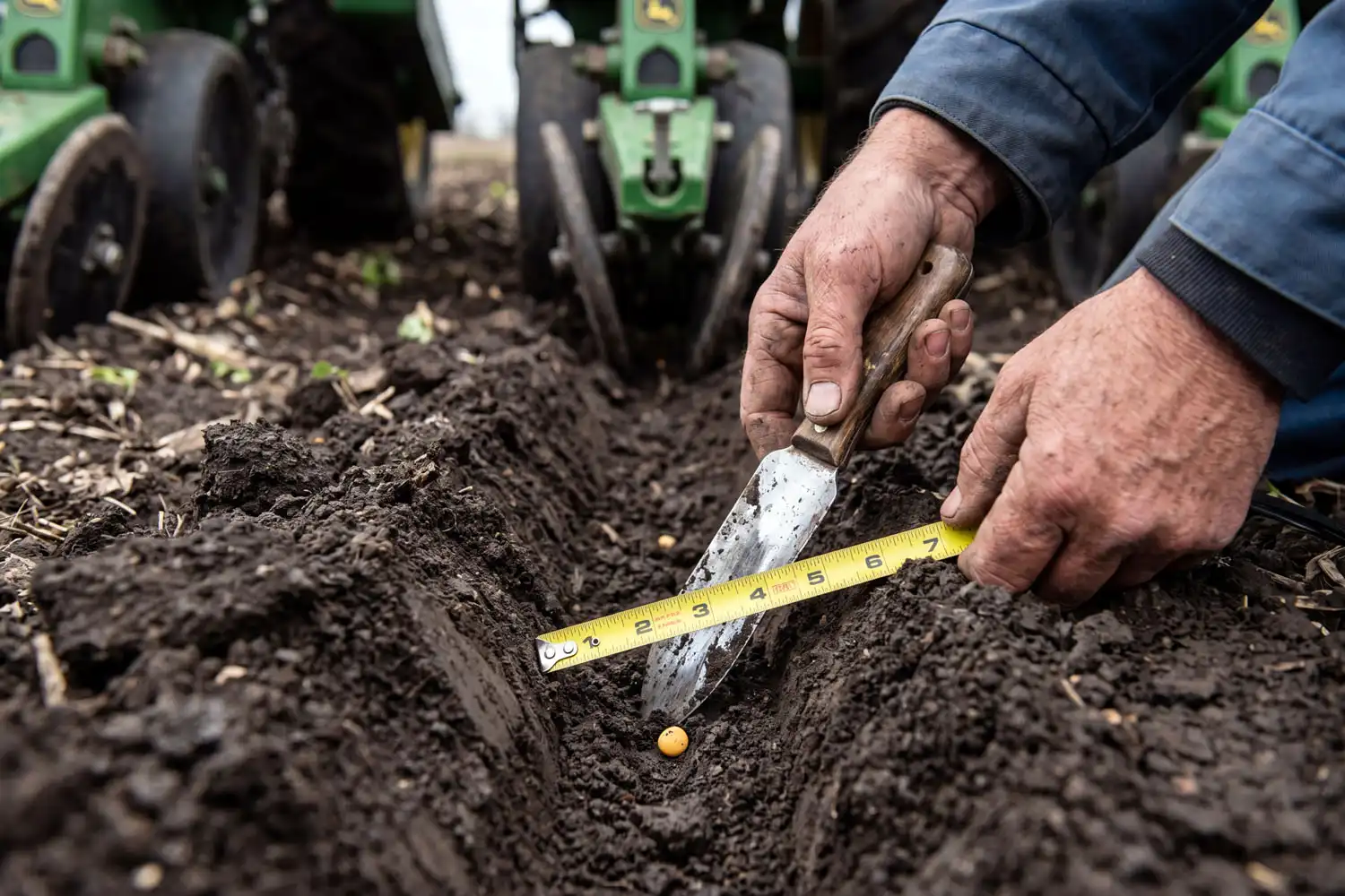 Farmer measuring soybean planting depth at 1.5 inches in an open seed furrow