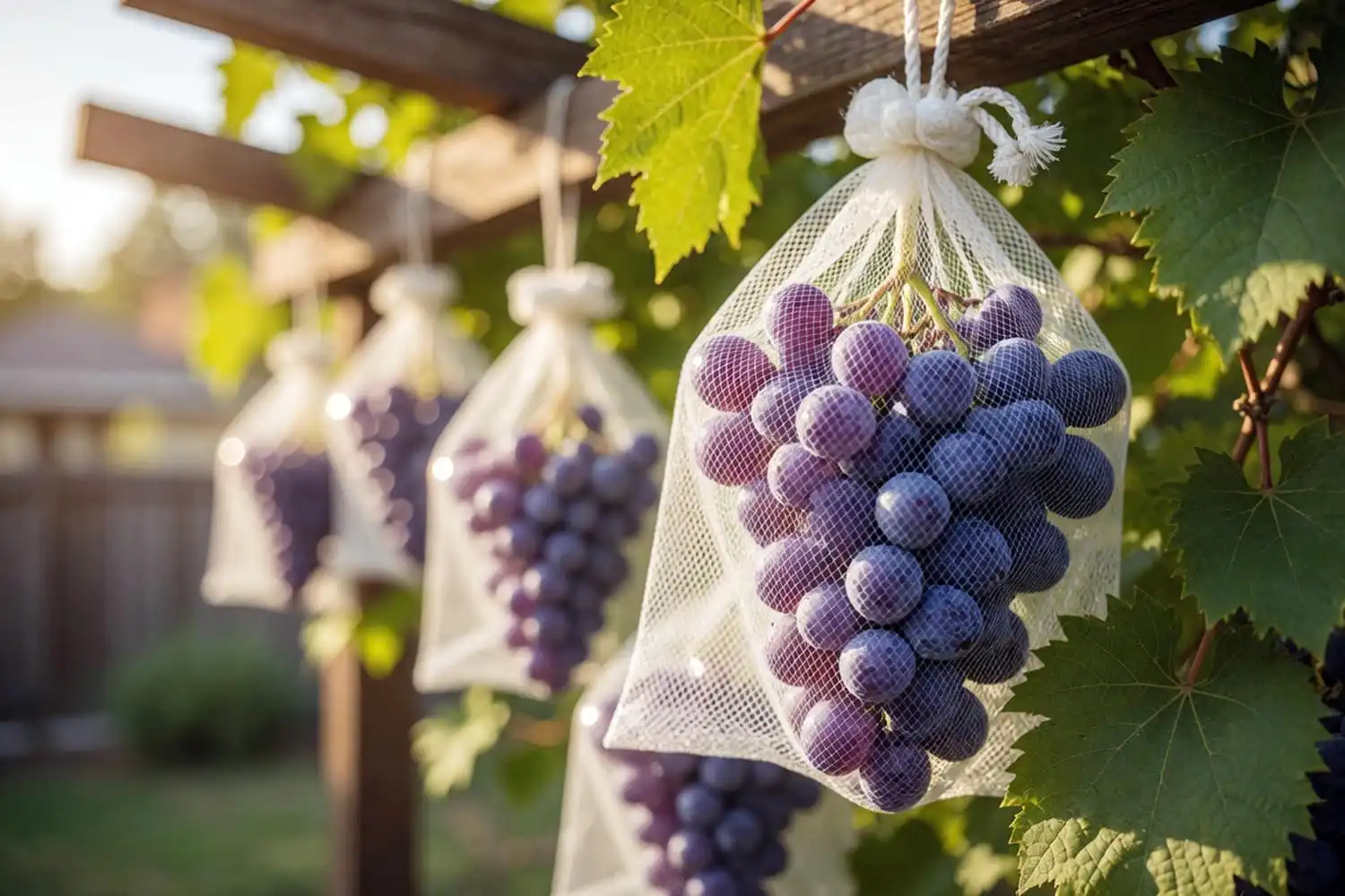 Ripe grape clusters protected from birds with mesh drawstring bags on a backyard arbor