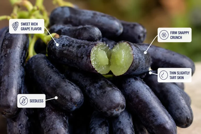 Infographic of moon drop grapes taste like sweet rich grape flavor, firm snappy texture, thin slightly tart skin, and seedless flesh.