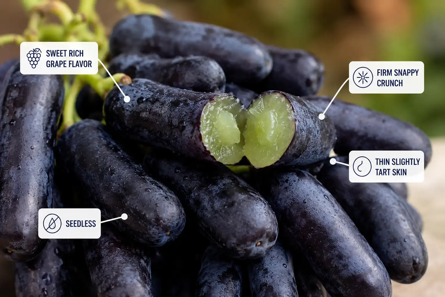 Infographic of moon drop grapes taste like sweet rich grape flavor, firm snappy texture, thin slightly tart skin, and seedless flesh.