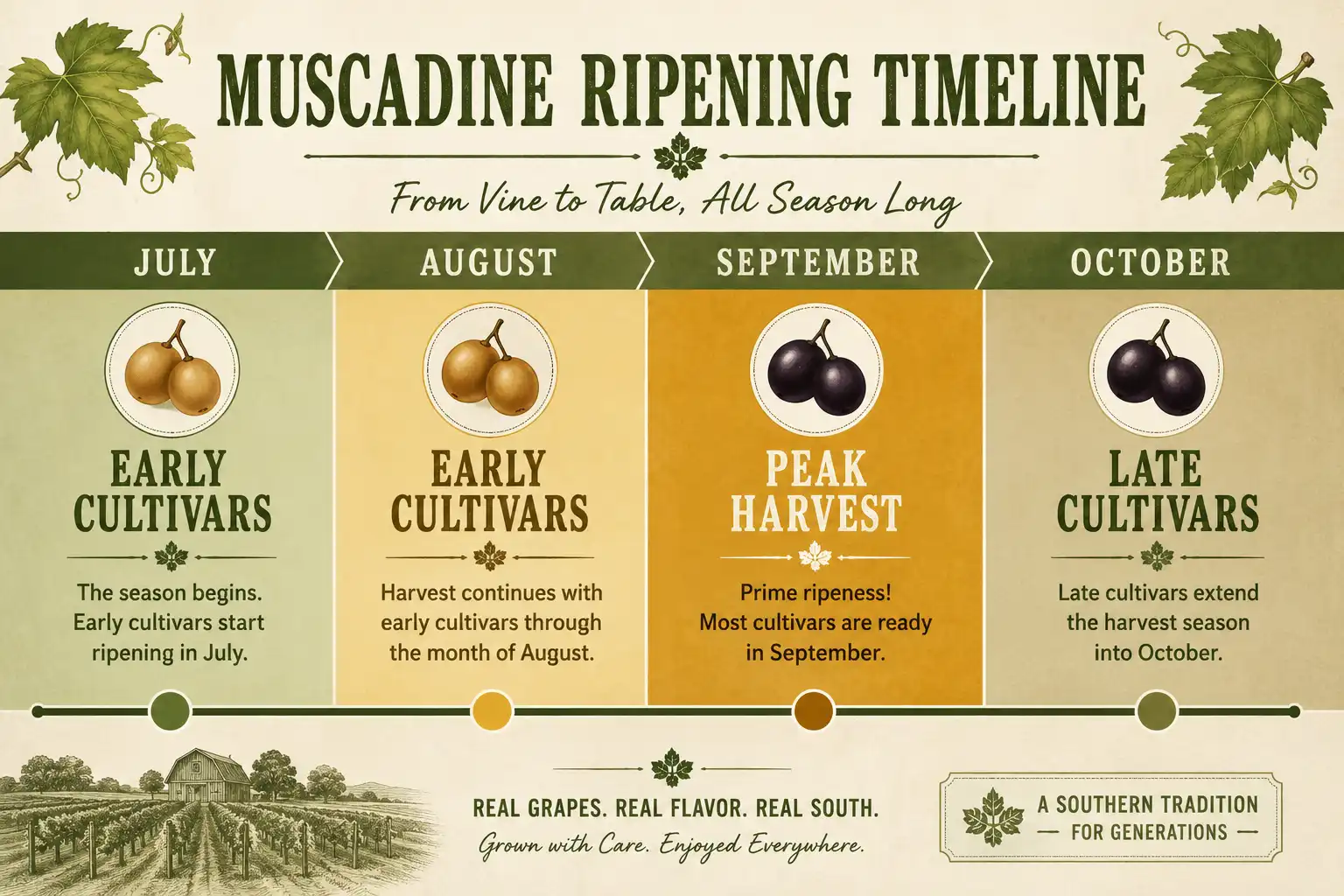 Timeline infographic of muscadine grape ripening months from July through October with peak harvest in September