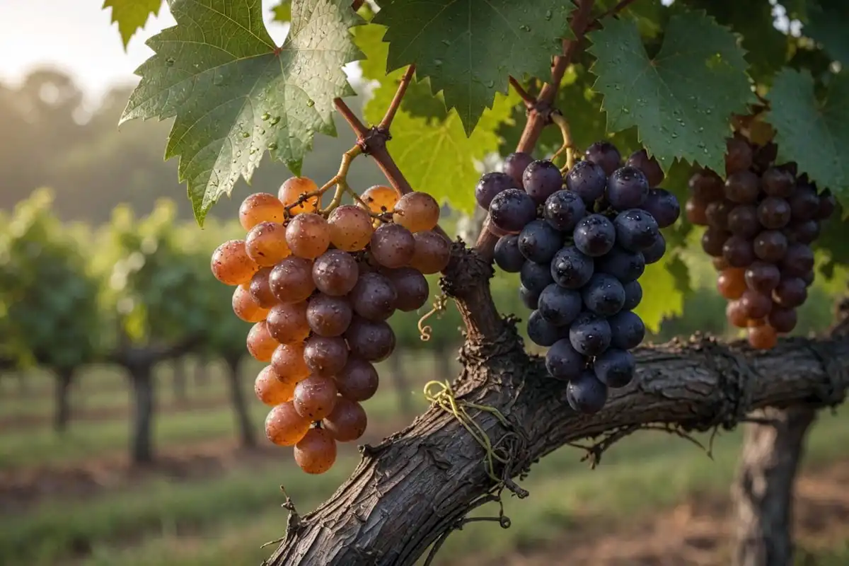 Muscadine grape variety ripening on the vine in a humid Southern vineyard, showing large bronze and dark berries.