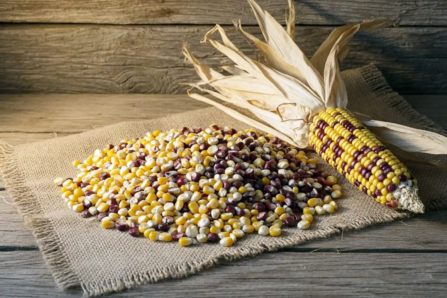 Untreated dried corn kernels in natural yellow, white, and red, exactly what saved open-pollinated seed corn looks like.