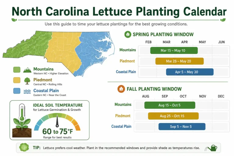 Infographic of plant lettuce in North Carolina with spring and fall windows for the mountains, Piedmont, and coast