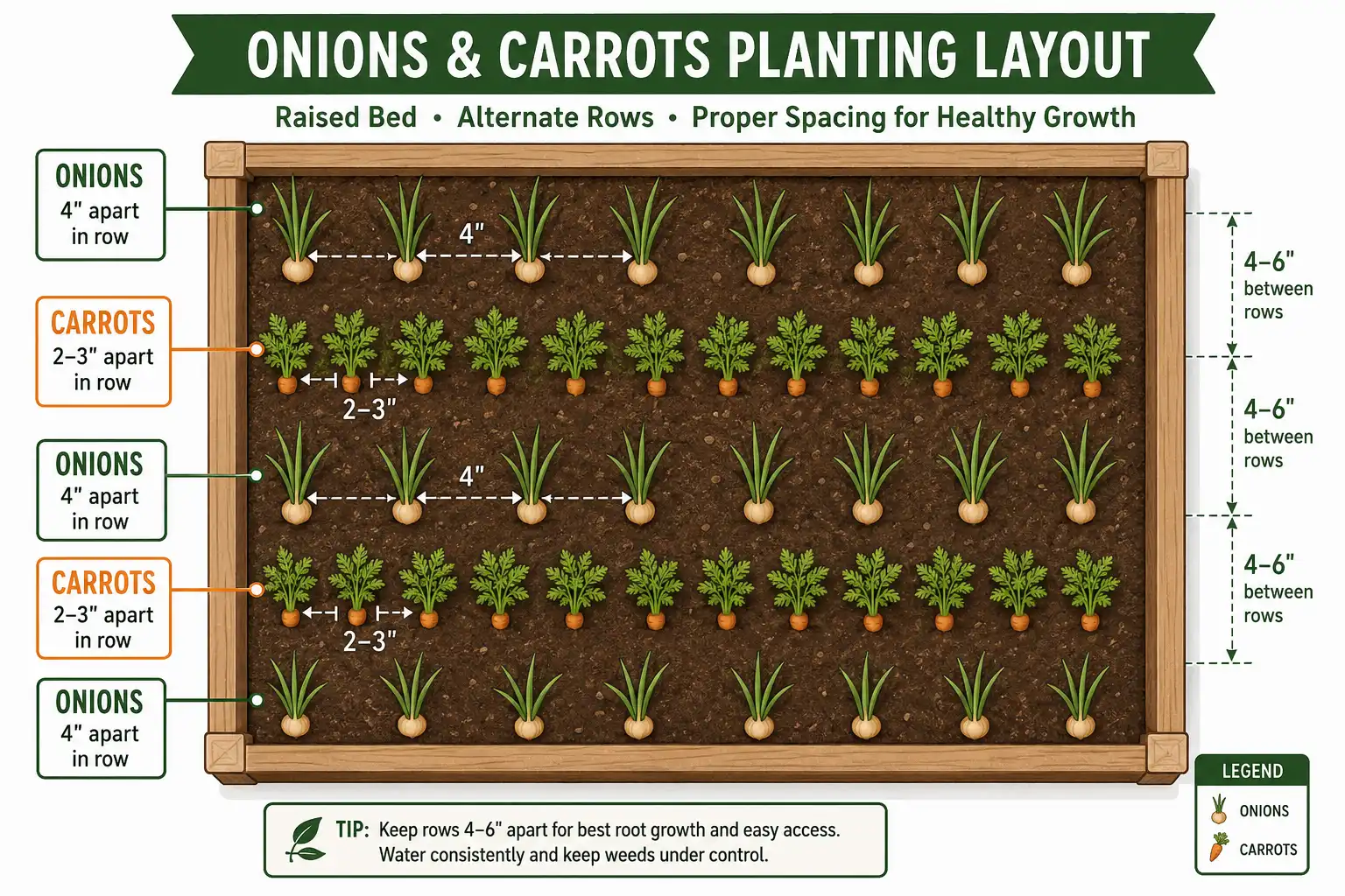 Planting layout diagram of how to plant onions next to carrots in alternating rows with spacing