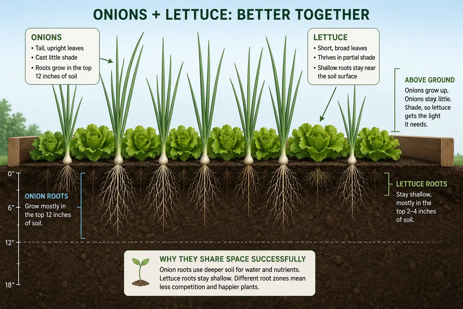 Diagram of onion and lettuce planted together showing upright onion leaves above shallow lettuce roots below
